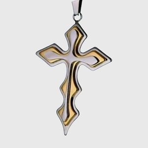 NWT Stainless Steel Silver & Gold 2” Layered Cross Pendant 24” Necklace